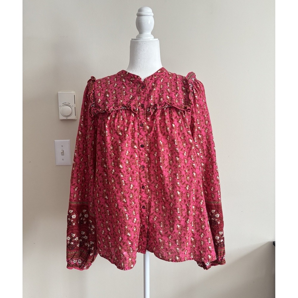 Joie Womens XL Top Ruffle Bib Floral Boho Prairie‎ Peasant Cotton Pink Summer